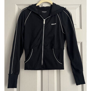 Vintage Y2K Bebe Sport Black Striped‎ Sleeve Zip Hoodie Jacket Ribbed Waist Sz S